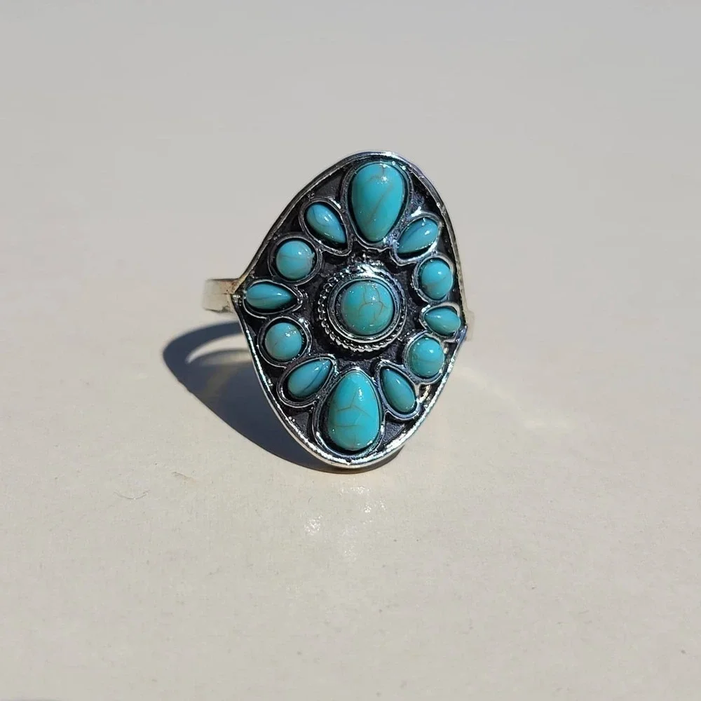 Vintage Silver Tone Faux Turquoise Cluster Ring Size 9.75 Blue Southwestern Boho